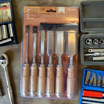 CHISEL SET, VARIOUS SOCKETS, XACTO CUTTING SET AND MORE