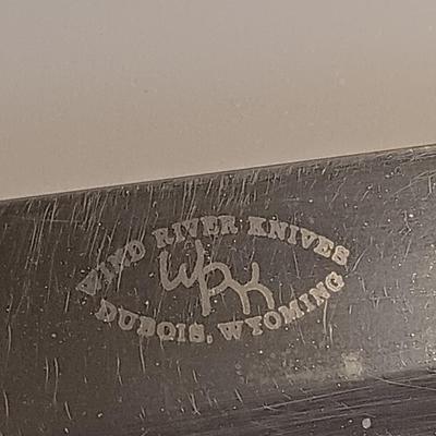 Beautiful knife with leather sheath marked Wind River Knives Dubois, Wyoming