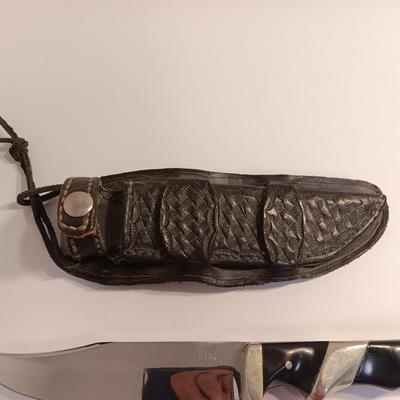 Beautiful knife with leather sheath marked Wind River Knives Dubois, Wyoming