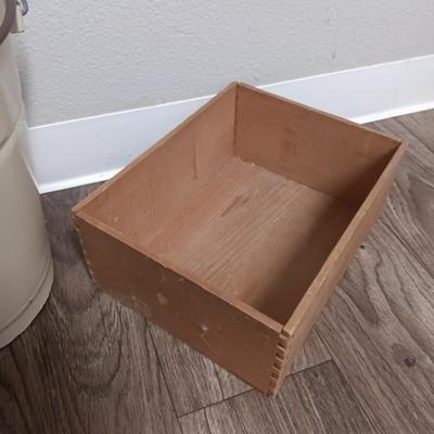 Vintage Cream enamel 12 -inch large bucket with vintage metal dustpan and dove tail box