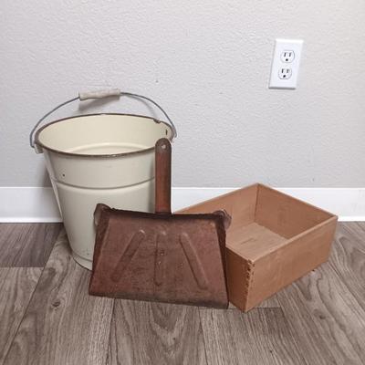 Vintage Cream enamel 12 -inch large bucket with vintage metal dustpan and dove tail box