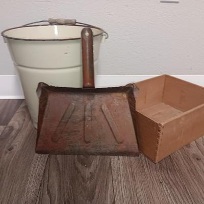 Vintage Cream enamel 12 -inch large bucket with vintage metal dustpan and dove tail box