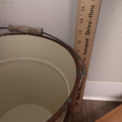Vintage Cream enamel 12 -inch large bucket with vintage metal dustpan and dove tail box