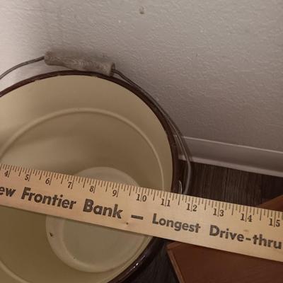 Vintage Cream enamel 12 -inch large bucket with vintage metal dustpan and dove tail box