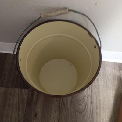 Vintage Cream enamel 12 -inch large bucket with vintage metal dustpan and dove tail box