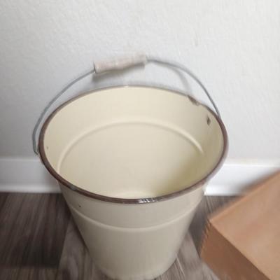 Vintage Cream enamel 12 -inch large bucket with vintage metal dustpan and dove tail box