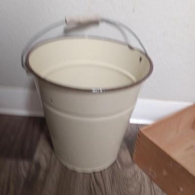 Vintage Cream enamel 12 -inch large bucket with vintage metal dustpan and dove tail box