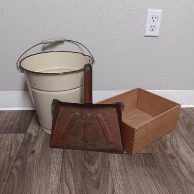 Vintage Cream enamel 12 -inch large bucket with vintage metal dustpan and dove tail box
