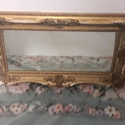 Antique Faux Gilt Framed Mirror with An original MCM Design Interior Fabric