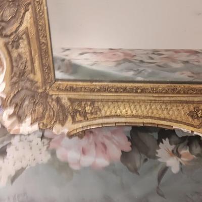 Antique Faux Gilt Framed Mirror with An original MCM Design Interior Fabric