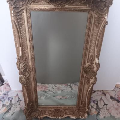 Antique Faux Gilt Framed Mirror with An original MCM Design Interior Fabric