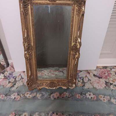 Antique Faux Gilt Framed Mirror with An original MCM Design Interior Fabric