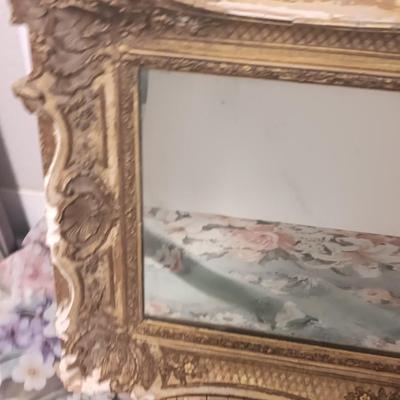 Antique Faux Gilt Framed Mirror with An original MCM Design Interior Fabric