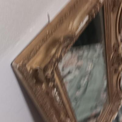 Antique Faux Gilt Framed Mirror with An original MCM Design Interior Fabric