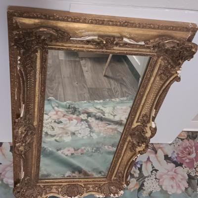 Antique Faux Gilt Framed Mirror with An original MCM Design Interior Fabric