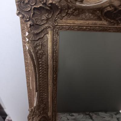 Antique Faux Gilt Framed Mirror with An original MCM Design Interior Fabric