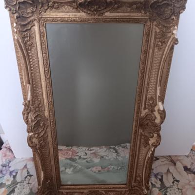 Antique Faux Gilt Framed Mirror with An original MCM Design Interior Fabric