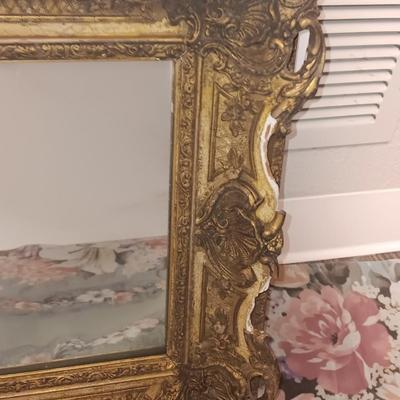 Antique Faux Gilt Framed Mirror with An original MCM Design Interior Fabric