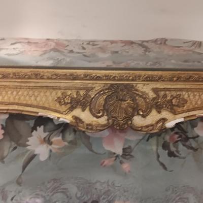 Antique Faux Gilt Framed Mirror with An original MCM Design Interior Fabric