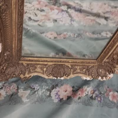 Antique Faux Gilt Framed Mirror with An original MCM Design Interior Fabric