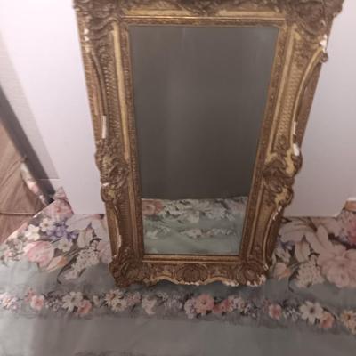 Antique Faux Gilt Framed Mirror with An original MCM Design Interior Fabric