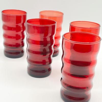 ANCHOR HOCKING ~ Whirley Twirly Ruby Tumblers ~ Set Of Five (5)