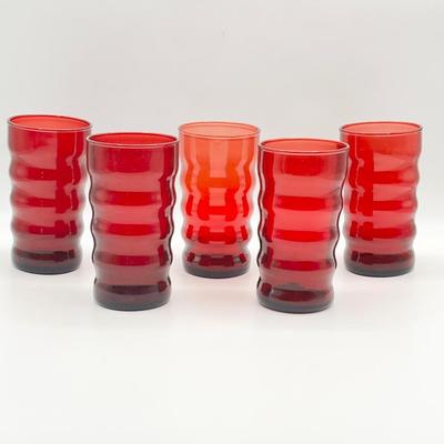 ANCHOR HOCKING ~ Whirley Twirly Ruby Tumblers ~ Set Of Five (5)