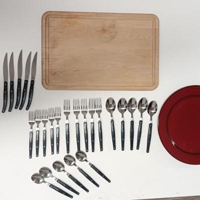 25-piece BEE & WILLOW flatware set ed serving platter and cutting board