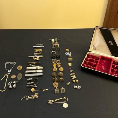 Collection of Cuff Links & Clips Including Vintage Jewelry Box