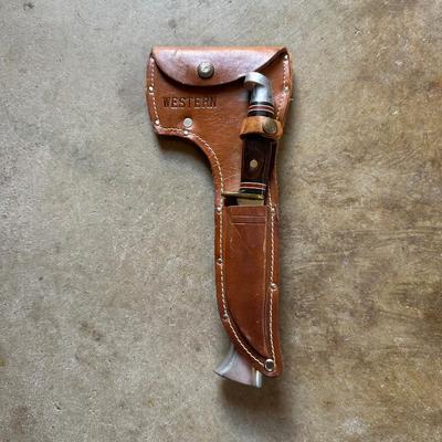 WESTERN W66 FIXED BLADE KNIFE AND WESTERN HATCHET WITH LEATHER SHEATH FOR BOTH