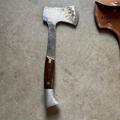 WESTERN W66 FIXED BLADE KNIFE AND WESTERN HATCHET WITH LEATHER SHEATH FOR BOTH