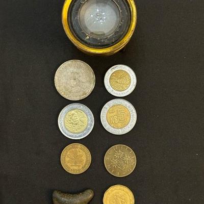 Collection of Coins and Antique Magnifying Glass