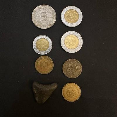 Collection of Coins and Antique Magnifying Glass
