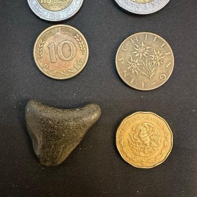 Collection of Coins and Antique Magnifying Glass
