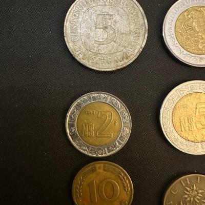 Collection of Coins and Antique Magnifying Glass