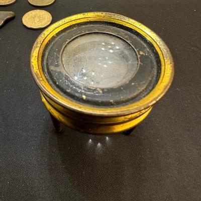 Collection of Coins and Antique Magnifying Glass