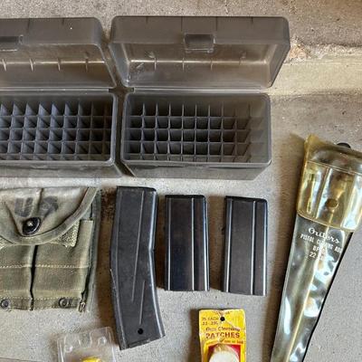 TRIGGER LOCK, GUN CLEANING MATERIAL, SAFETY GLASSES, EAR PROTECTION, MAGAZINES, MAGAZINE POUCHES AND AMMO BOXES
