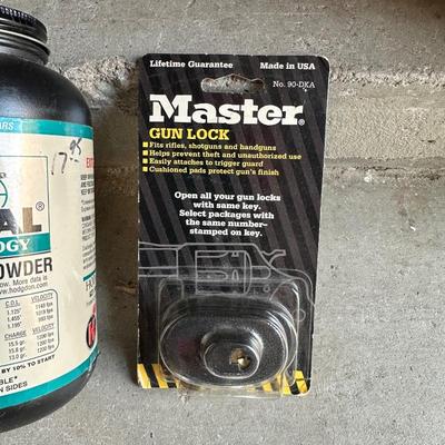 GUN LOCK, LEAD FOR MAKING BULLETS, GUN CLEANING MATERIAL AND RELOADING GUN POWDER
