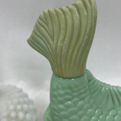 Fenton Hobnail perfume bottle and Avon Jadeite Koi Fish Bottles