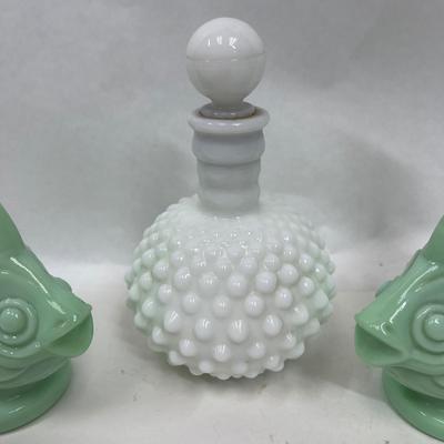 Fenton Hobnail perfume bottle and Avon Jadeite Koi Fish Bottles