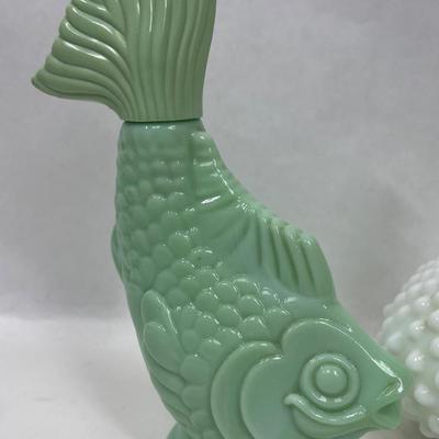 Fenton Hobnail perfume bottle and Avon Jadeite Koi Fish Bottles