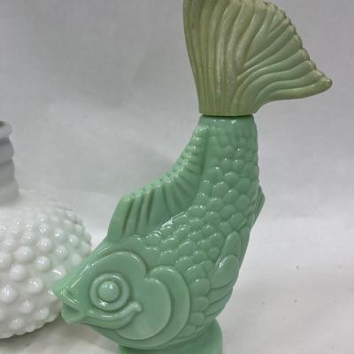 Fenton Hobnail perfume bottle and Avon Jadeite Koi Fish Bottles