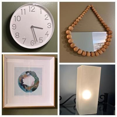 4 Pc. Decor Lot - Signed Art, Mirror, Lamp, Clock