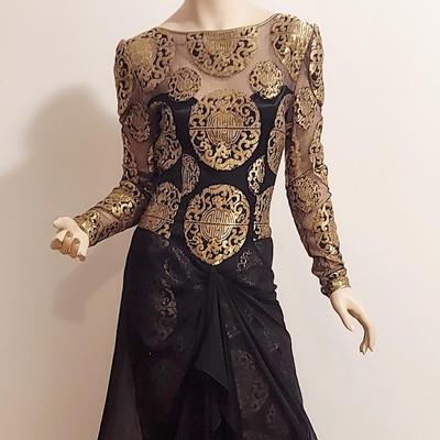 Vtg Couture Michael Casey 80s Chiffon/Gold Metallic maxi dress