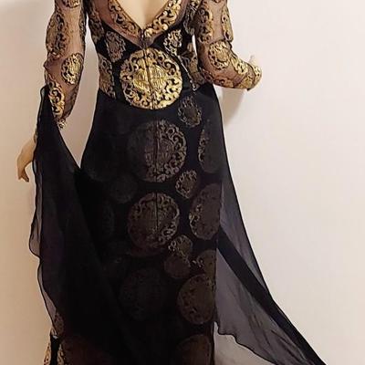 Vtg Couture Michael Casey 80s Chiffon/Gold Metallic maxi dress