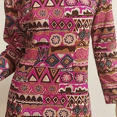 Vtg 60-70s Liberty Circle Poly Jersey Maxi Hostess dress colorful hand Printed