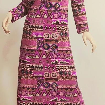 Vtg 60-70s Liberty Circle Poly Jersey Maxi Hostess dress colorful hand Printed
