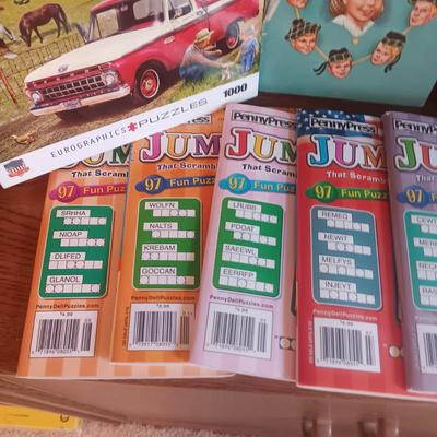 3 VINTAGE CHILDREN'S NOVELS, NEW JUMBLE PUZZLE BOOKS AND A PUZZLE