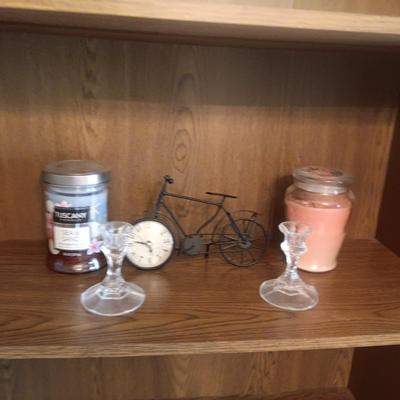 JAR CANDLES, METAL BICYCLE CLOCK AND CRYSTAL CANDLE HOLDERS