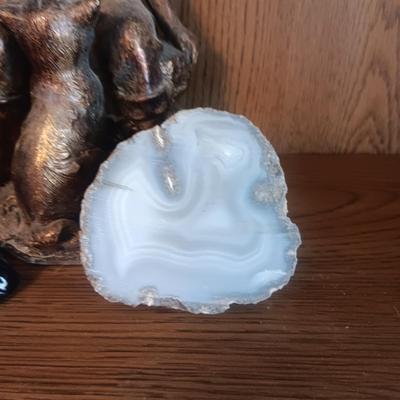 STATUE OF A GIRL AND CAT, MARBLE EGG, AVON COLOGNE HORSE AND AN AGATE